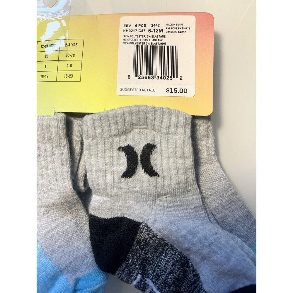 Lot 2 Hurley Baby Socks 6 Pk Multicolor Ankle Cushion Logo Set Sz 6-12 MO New